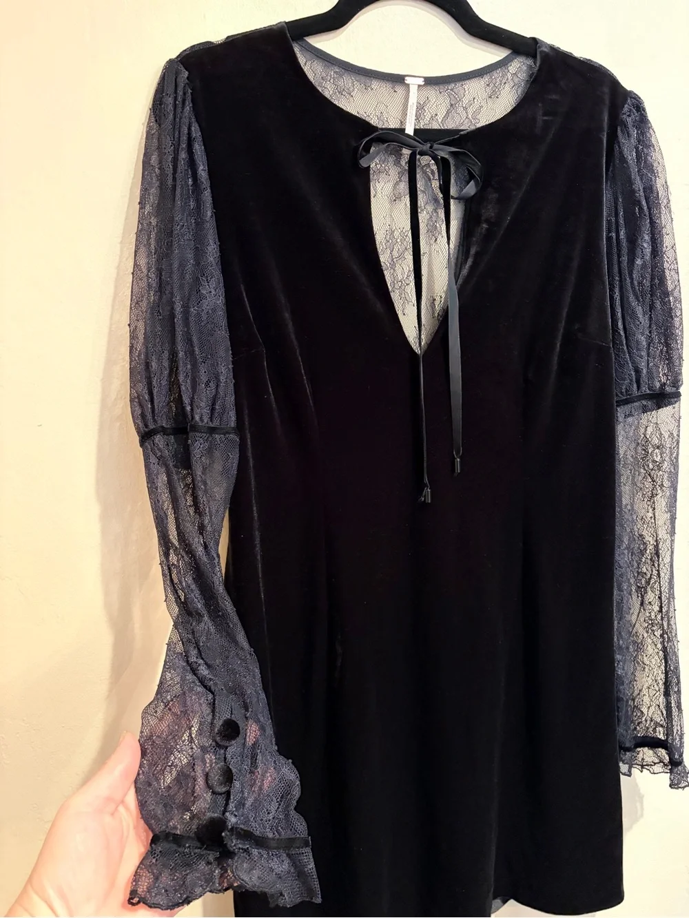 Wickedly Gorgeous Free People Black Crushed Velvet Dress w/ Sheer Long Sleeves